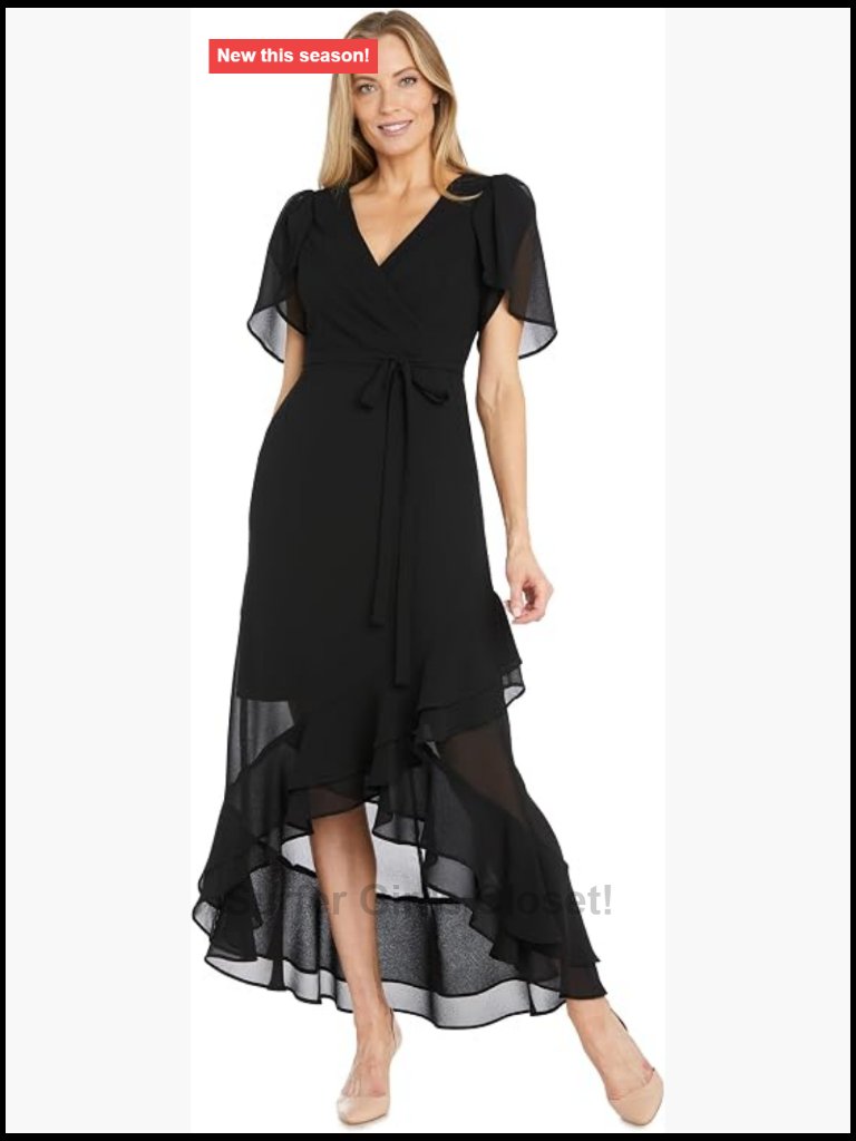 Elegant Chiffon Maxi Dress With Mock Wrap Bodice & Hi-Lo Ruffle Hemline